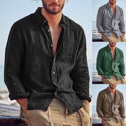 

Men's Linen Shirt Shirt Summer Shirt Beach Shirt Black Brown Green Long Sleeve Solid Color Turndown Summer Spring Outdoor Street Clothing Apparel Button-Down