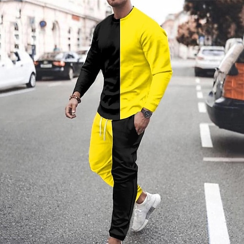 

Men's Tracksuit Sweatsuit Yellow Crew Neck Graphic Color Block Casual Daily Holiday Casual Big and Tall Athletic Spring & Fall Clothing Apparel Hoodies Sweatshirts Long Sleeve