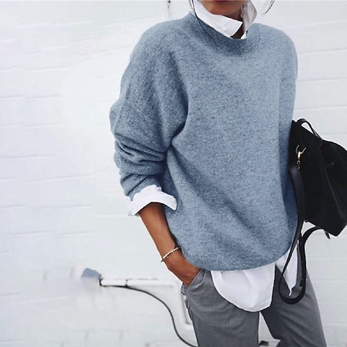

Mulheres Pulôver suéter Saltador Tricotar Tricotado Cor imaculada Gola Redonda à moda Casual Ao ar livre Casa Inverno Outono Azul Roxo S M L / Manga Longa / Trabalho / Normal / Para Noite