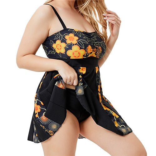 

Women's Swimwear Tankini 2 Piece Plus Size Swimsuit Open Back Printing for Big Busts Floral Black Tunic Strap Bathing Suits New Vacation Fashion / Modern / Padded Bras