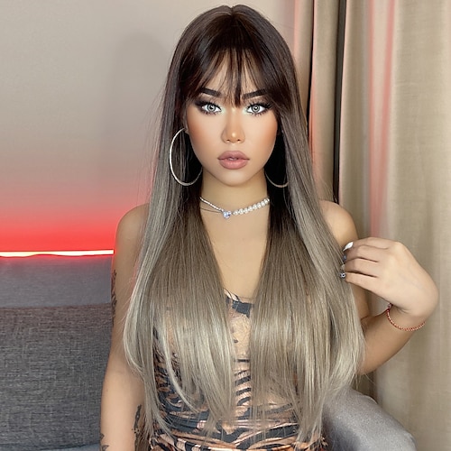 

Synthetic Wig Natural Straight With Bangs Machine Made Wig 28 inch Black / Gold Light golden Light Brown Lace Light Brown Dark Brown Synthetic Hair Women's Silky Fashion Gray / Daily Wear