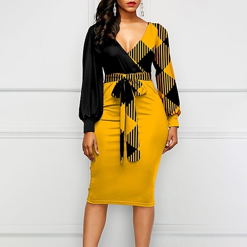 

Women's Bodycon Sheath Dress Yellow Dark Blue Red Long Sleeve Plaid Lace up Winter Fall Autumn Crew Neck Winter Dress Weekend Fall Dress 2022 S M L XL XXL 3XL