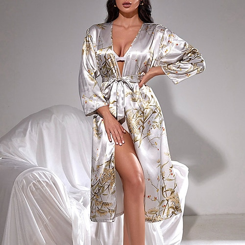

Women's Pajamas Robes Gown Bathrobes Nighty Flower Fashion Comfort Home Wedding Party Spa Satin Breathable Gift V Wire Long Sleeve Spring Summer Silver / Silk / Lace Up / Pjs / Lace up / Print
