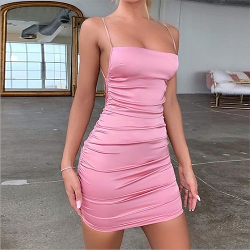

Mujer Vestido de raso vestido de fiesta Vestido tubo Azul Piscina Morado Rosa Sin Mangas Color puro Espalda al Aire Primavera Verano Correa de espagueti 2022 S M L