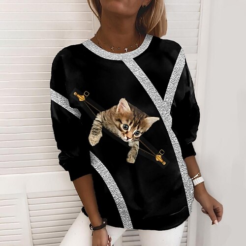 

Women's Sweatshirt Pullover Active Streetwear Print Black Cat 3D Daily Round Neck Long Sleeve S M L XL XXL 3XL