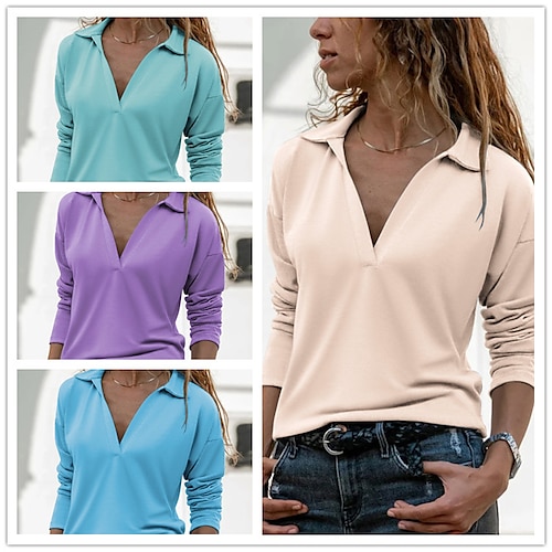 

Women's T shirt Basic Plain Modern V Neck Stard Spring & Fall Blue Purple Green Beige