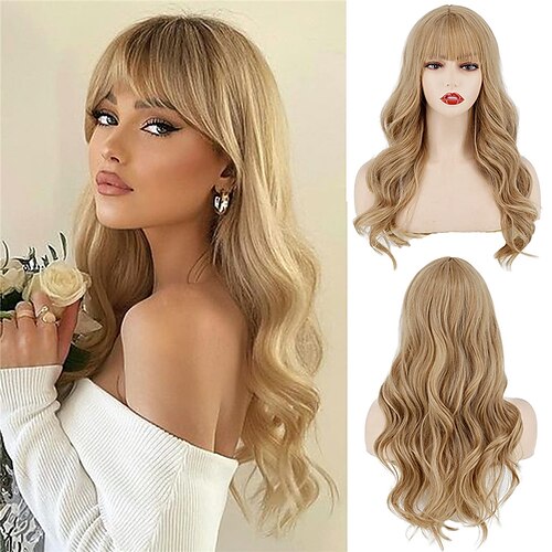 

Long Wavy Blonde Wigs for Women Blonde Wave Wig with BangsNatural Looking Soft Blond Synthetic Wigs For Daily Use(24inch)