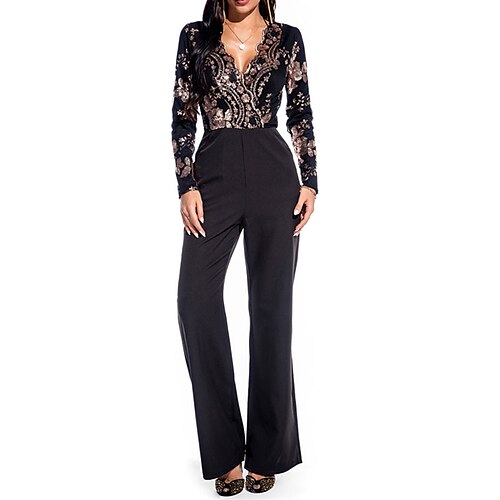 

Mulheres Macacão Paetês Imprimir Floral Decote V Roupa de rua Festa Férias Normal Manga Longa Preto S M L Primavera