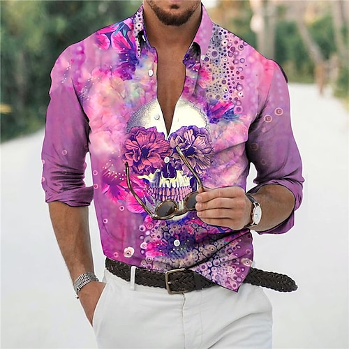 

Homme Chemise Chemise graphique Floral Crânes Col rabattu Rose Claire 3D effet du quotidien Vacances manche longue Impression 3D Bouton bas Vêtement Tenue Mode Design Décontractées Respirable