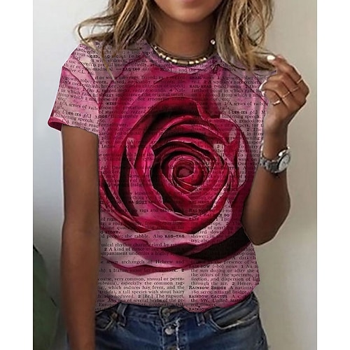 

Women's T shirt Tee Green Blue Purple Rose 3D Print Short Sleeve Holiday Weekend Basic Round Neck Regular Floral 3D Printed Painting S