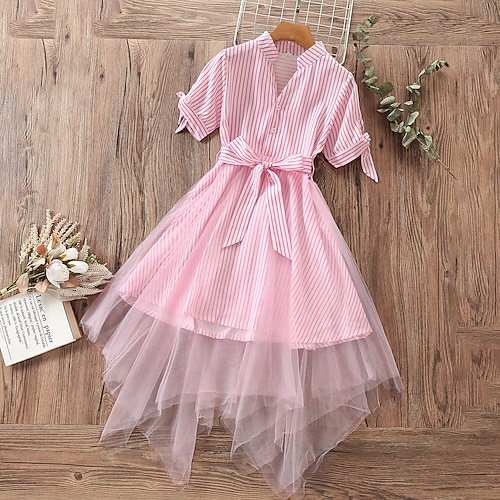 

Kids Girls' Dress Striped A Line Dress Midi Dress School Patchwork Cotton Long Sleeve Cute Dress 4-13 Years Summer Blue Pink