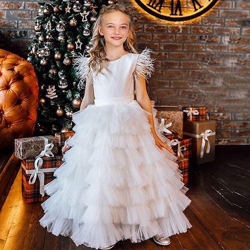 

Christmas Birthday Princess Flower Girl Dresses Jewel Neck Floor Length Satin Tulle with Tier Tutu Cute Girls' Party Dress Fit 3-16 Years
