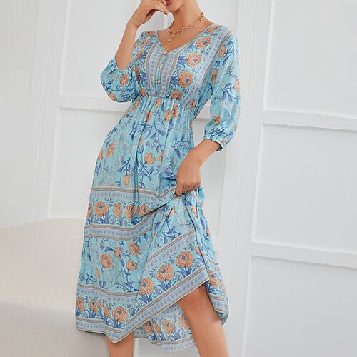 

Women's Casual Dress Swing Dress Midi Dress Blue Pink Beige Long Sleeve Floral Print Winter Fall Autumn V Neck Winter Dress Weekend Fall Dress 2022 S M L XL