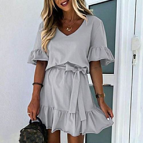 

Mini robe Femme Robe casual Manche Courte Printemps Eté - à la mode Casual Moderne A Volants Couleur monochrome Col V Fin de semaine 2023 Rose Claire Vert Kaki Gris S M L XL XXL