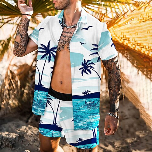 

Men's Shirt Set Summer Hawaiian Shirt Animal Palm Leaf Sea Turndown Blue 3D Print Outdoor Casual Short Sleeve 3D Print Button-Down Clothing Apparel Fashion Casual Hawaiian Comfortable / Spring