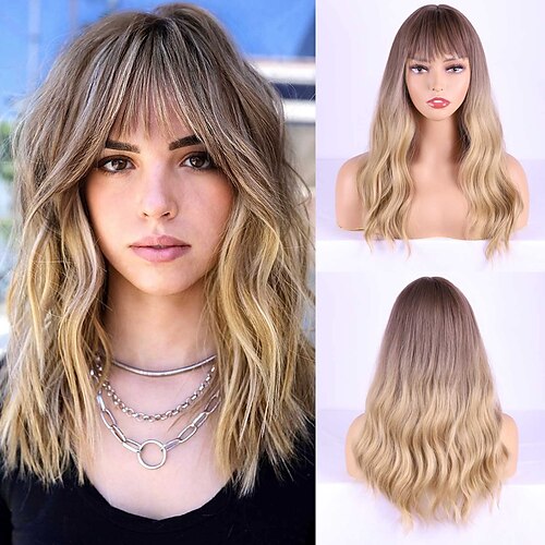 

Ombre Blonde Wig with Bangs Short Wavy Wigs for Women Synthetic Wavy Wigs Heat Resistant Hair Short Wigs for Daily Party (wavy ombre blonde)