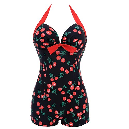 

Women's Swimwear One Piece Monokini Bathing Suits Plus Size Swimsuit Tummy Control Open Back Printing for Big Busts Polka Dot Rose Black Blue Red V Wire Bathing Suits New Vacation Fashion / Modern