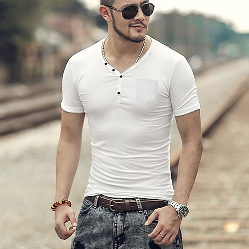 

Men's T shirt Tee Henley Shirt Solid Color Henley Green White Black Street Casual Short Sleeve Button-Down Clothing Apparel Classic Muscle Big and Tall Gentleman