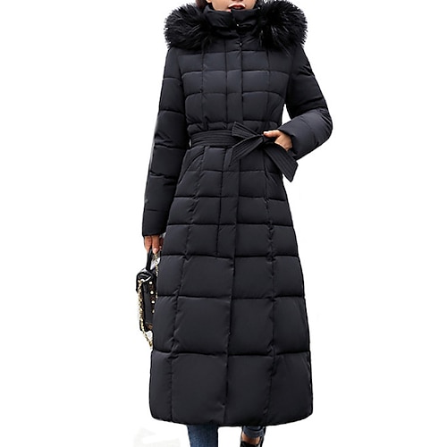 

Women's Puffer Jacket Winter Jacket Parka Street Daily Going out Winter Fall Long Coat Stand Collar Regular Fit Warm Cute Streetwear Elegant Jacket Long Sleeve Solid Color Lace up Fur Trim Black Wine