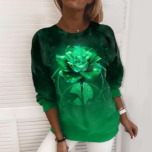 

Women's Sweatshirt Pullover Active Streetwear Print Green Blue Purple Rose Flower Casual Round Neck Long Sleeve S M L XL XXL / 3D Print