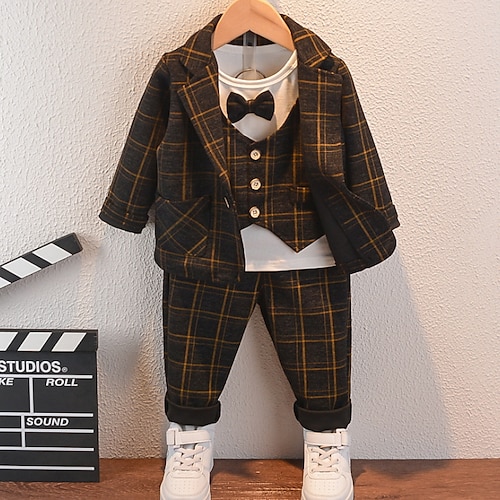 

Kids Boys' Suit & Blazer Clothing Set 3 Pieces Long Sleeve Black Brown Plaid Bow Cotton Party Indoor Formal Gentle Regular 1-4 Years / Fall / Spring