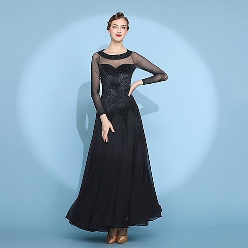 

Ballroom Dance Dress Splicing Women's Training Performance Long Sleeve Mesh Velvet