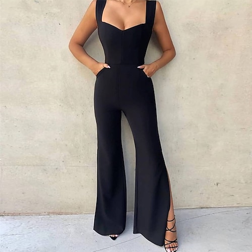 

Women's Jumpsuit Backless Split Solid Color Square Neck Streetwear Party Street Straight Regular Fit Sleeveless Black S M L Spring