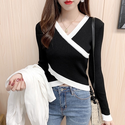 

Women's Pullover Sweater jumper Jumper Knit Cropped Knitted Thin Color Block V Neck Stylish Casual Outdoor Daily Spring Summer Green Orange One-Size / Long Sleeve / Holiday / Regular Fit / Going out
