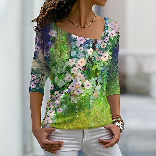

Women's Floral Theme Painting T shirt Floral Print V Neck Basic Tops Blue Red Yellow / 3D Print