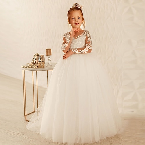 

Party Event / Party Princess Flower Girl Dresses V Neck Floor Length Satin Lace Winter Fall with Lace Pleats Cute Girls' Party Dress Fit 3-16 Years