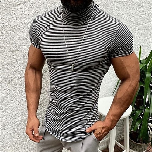 

Men's T shirt Tee Striped Turtleneck Blue Yellow White Casual Holiday Short Sleeve Clothing Apparel Cotton Sports Fashion Lightweight Muscle / Summer / Summer