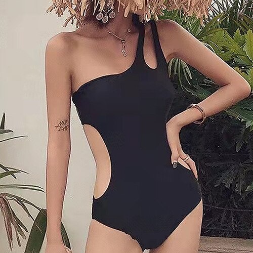 

Women's Swimwear One Piece Monokini Bathing Suits trikini Normal Swimsuit Open Back Hole Pure Color White Black Bathing Suits New Vacation Fashion / Modern / Padded Bras