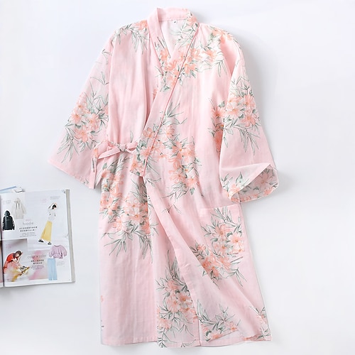 

Women's Pajamas Robes Gown Bathrobes Nighty Flower Fashion Comfort Kimono Robes Home Wedding Party Vacation Cotton Breathable Gift V Wire Long Sleeve Spring Summer Pink Orange / Lace Up / Pjs / Sweet