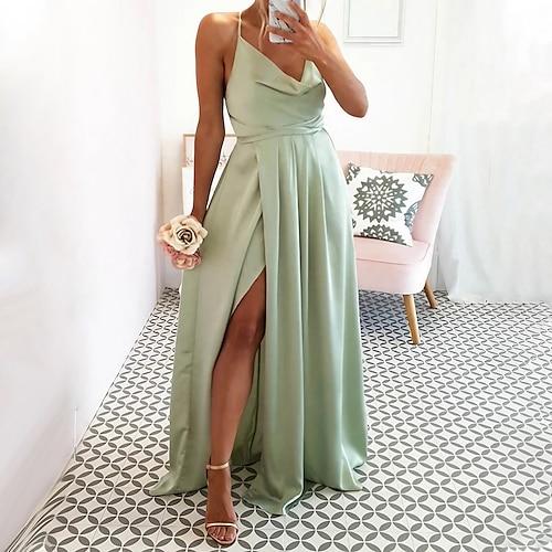 

robe swing femme maxi longue robe vert clair vin sans manches couleur unie couleur pure fendu printemps été épaule froide fête élégant moderne fête 2023 s m l xl / robe de soirée