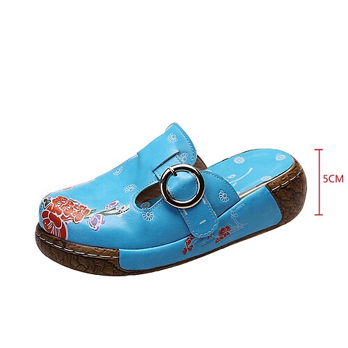 

Women's Slippers Daily Outdoor Slippers Summer Buckle Flat Heel Round Toe Chinoiserie PU Leather Loafer Floral Black Green Dark Blue