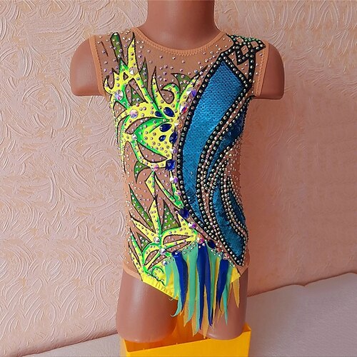 

Rhythmic Gymnastics Leotards Artistic Gymnastics Leotards Women's Girls' Leotard Mesh Spandex High Elasticity Handmade Sleeveless Competition Dance Rhythmic Gymnastics Artistic Gymnastics Blue
