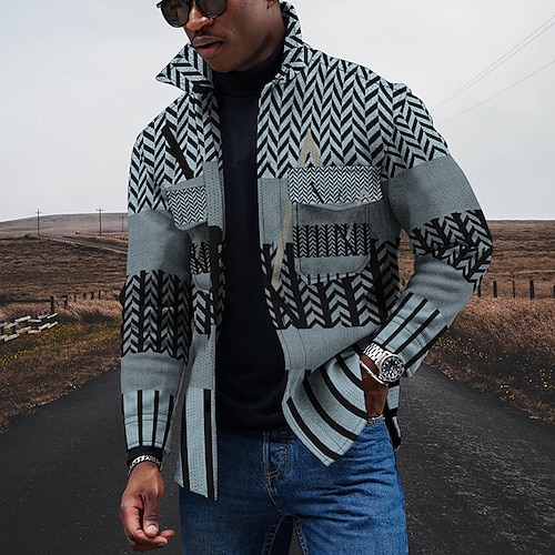 

Men's Jacket Breathable Outdoor Single Breasted Geometric 3D Printed Graphic Turndown Streetwear Jacket Outerwear Long Sleeve Pocket Spring