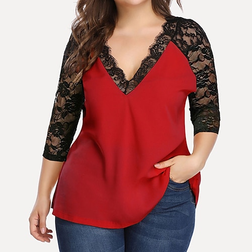 

Women's Plus Size Tops T shirt Tee Color Block Lace 3/4 Length Sleeve V Neck Streetwear Daily Going out Polyester Spring Fall Black Pink