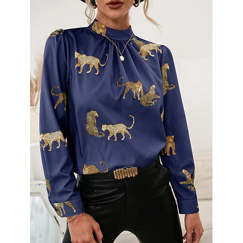 

Damen Hemd Bluse Schwarz Königsblau Braun Leopard Bedruckt Langarm Täglich Wochenende Basic Modisch Strassenmode Stehkragen Standard S