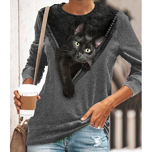 

Women's T shirt Tee Black Yellow Red Cat 3D Print Long Sleeve Daily Weekend Basic Round Neck Regular 3D Cat Painting S