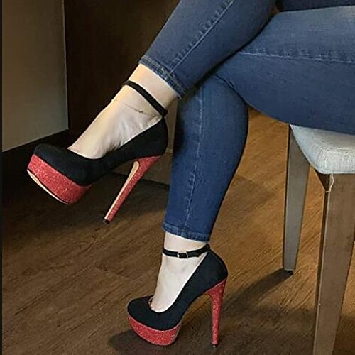 

Women's Heels Party Daily Sexy Shoes Stilettos Plus Size Buckle Pumps Round Toe Suede Gleit Buckle Color Block Black / Silver Black / Red