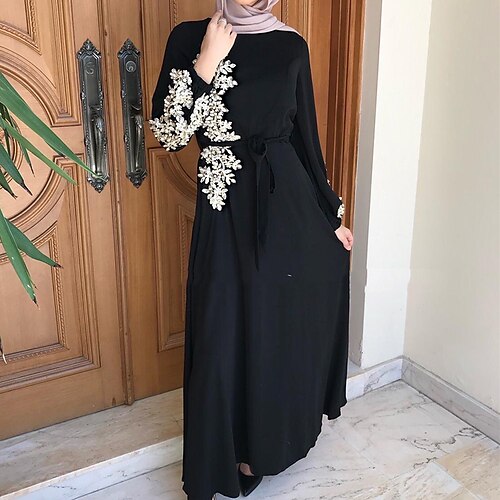 

Women's Kaftan Dress Long Dress Maxi Dress Black Blue Pink Long Sleeve Pure Color Lace up Winter Fall Autumn Crew Neck Muslim Winter Dress Fall Dress 2022 S M L XL XXL