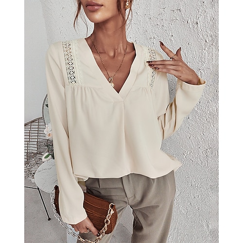 

Women's Shirt Blouse Beige Plain Cut Out Long Sleeve Casual Daily Basic V Neck Regular S