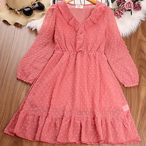 

Kids Girls' Dress Polka Dot A Line Dress Midi Dress Sports & Outdoor Ruched Cotton Long Sleeve Cute Dress 4-12 Years Fall Pink