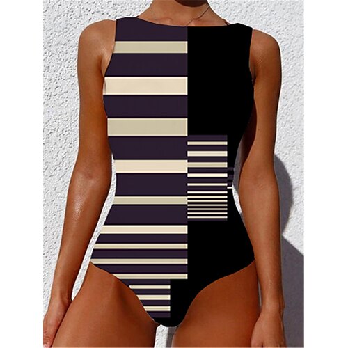 

Women's Swimwear One Piece Monokini Bathing Suits Plus Size Swimsuit Tummy Control Slim Printing for Big Busts Striped Color Block Black Blue Red Scoop Neck Bathing Suits New Vacation Fashion / Sexy