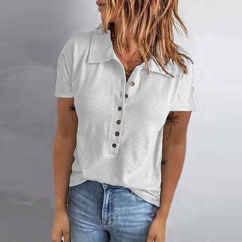 

Women's T shirt Tee Henley Shirt Blue Khaki Gray Plain Button Short Sleeve Casual Daily Basic Shirt Collar Regular S