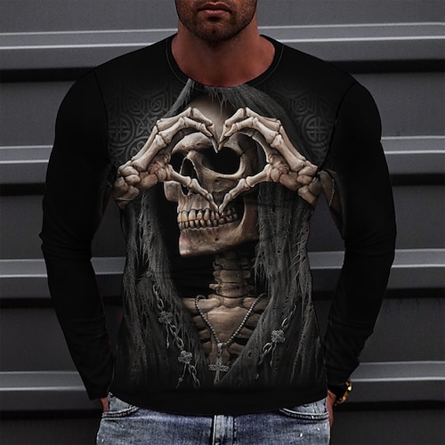 

Herren T Shirt Tee Graphic Totenkopf Motiv Herz Rundhalsausschnitt Schwarz 3D-Druck Casual Täglich Langarm 3D-Druck Bekleidung Klassisch Komfortabel