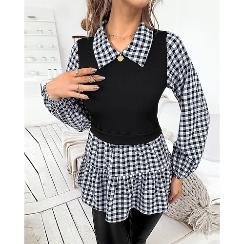 

Women's Blouse Shirt Peplum Black Plaid Color Block Patchwork Print Long Sleeve Daily Weekend Basic Fashion Streetwear Shirt Collar Regular Lantern Sleeve S