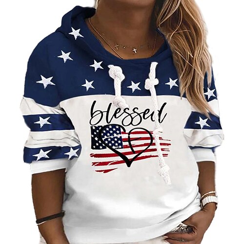 

Women's Plus Size Tops Hoodie Sweatshirt Flag Heart Print Long Sleeve Hooded Streetwear Preppy Daily Going out Polyester Fall Winter Navy Blue