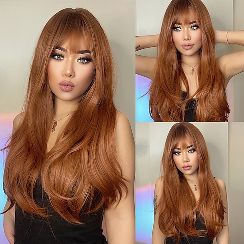 

Synthetic Wig Natural Wave With Bangs Machine Made Wig 26 inch Black / Gold Azure Light golden Violet Pink Light Brown Lace Synthetic Hair Silky Fashion Auburn / Daily Wear ChristmasPartyWigs